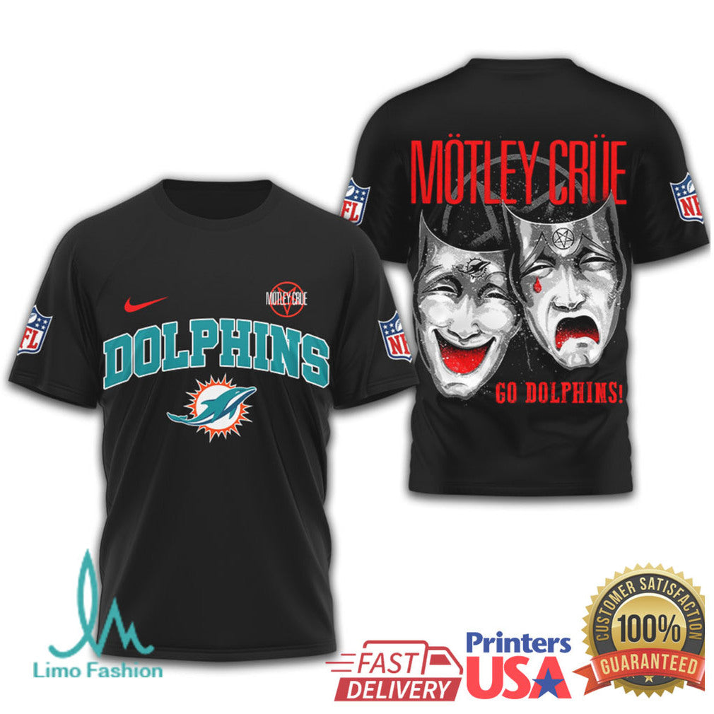 Mötley Crüe x Miami Dolphins NFL Drama Masks Black T Shirt - Limotees LLC