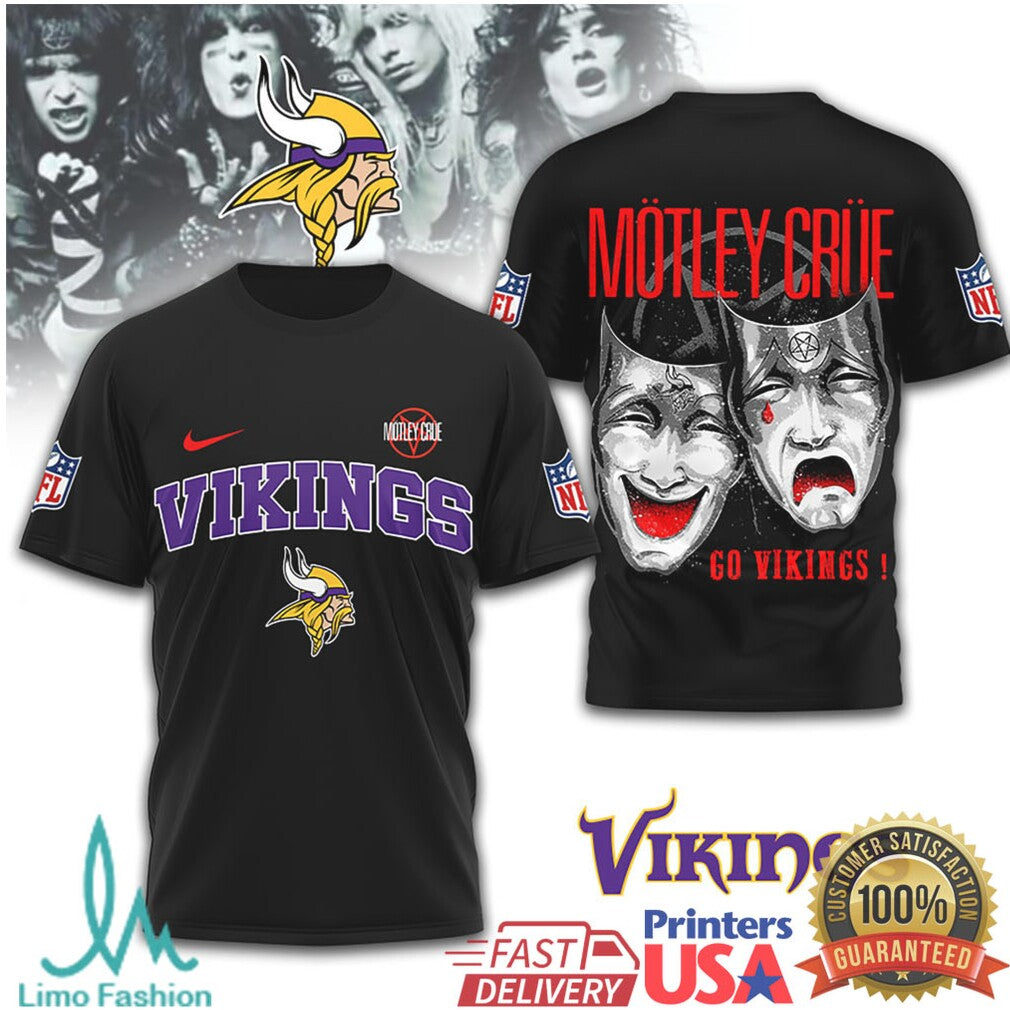Mötley Crüe x Minnesota Vikings NFL Drama Masks Black T Shirt - Limotees LLC