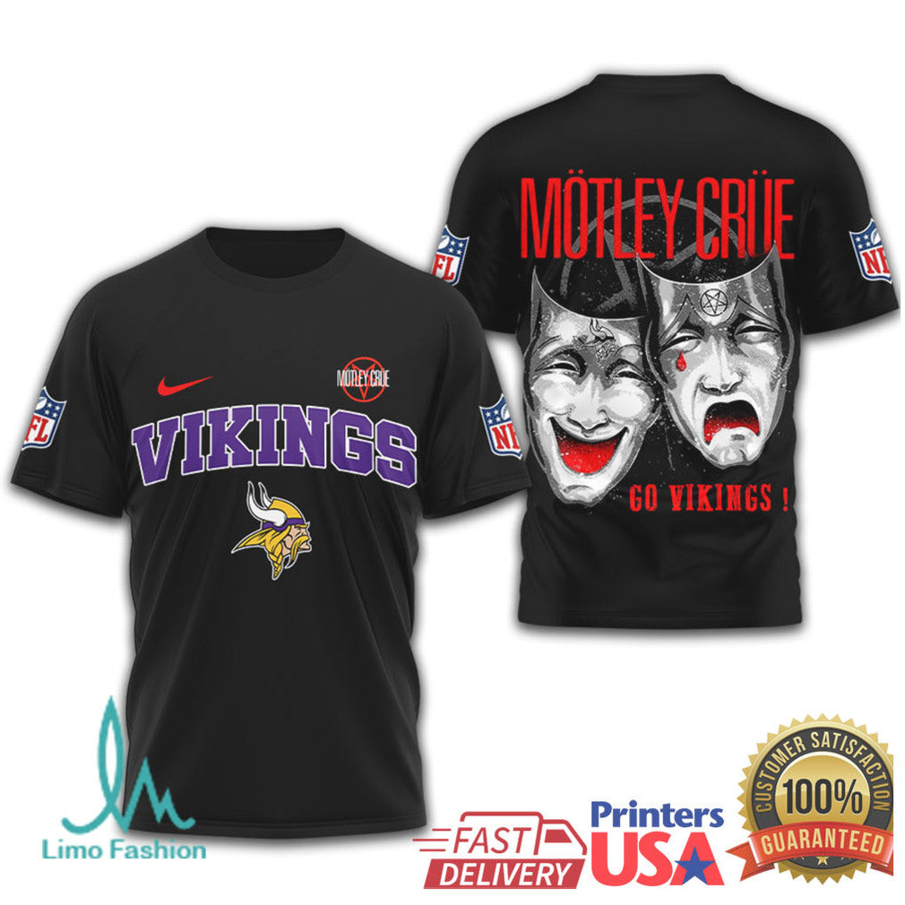 Mötley Crüe x Minnesota Vikings NFL Drama Masks Black T Shirt - Limotees LLC