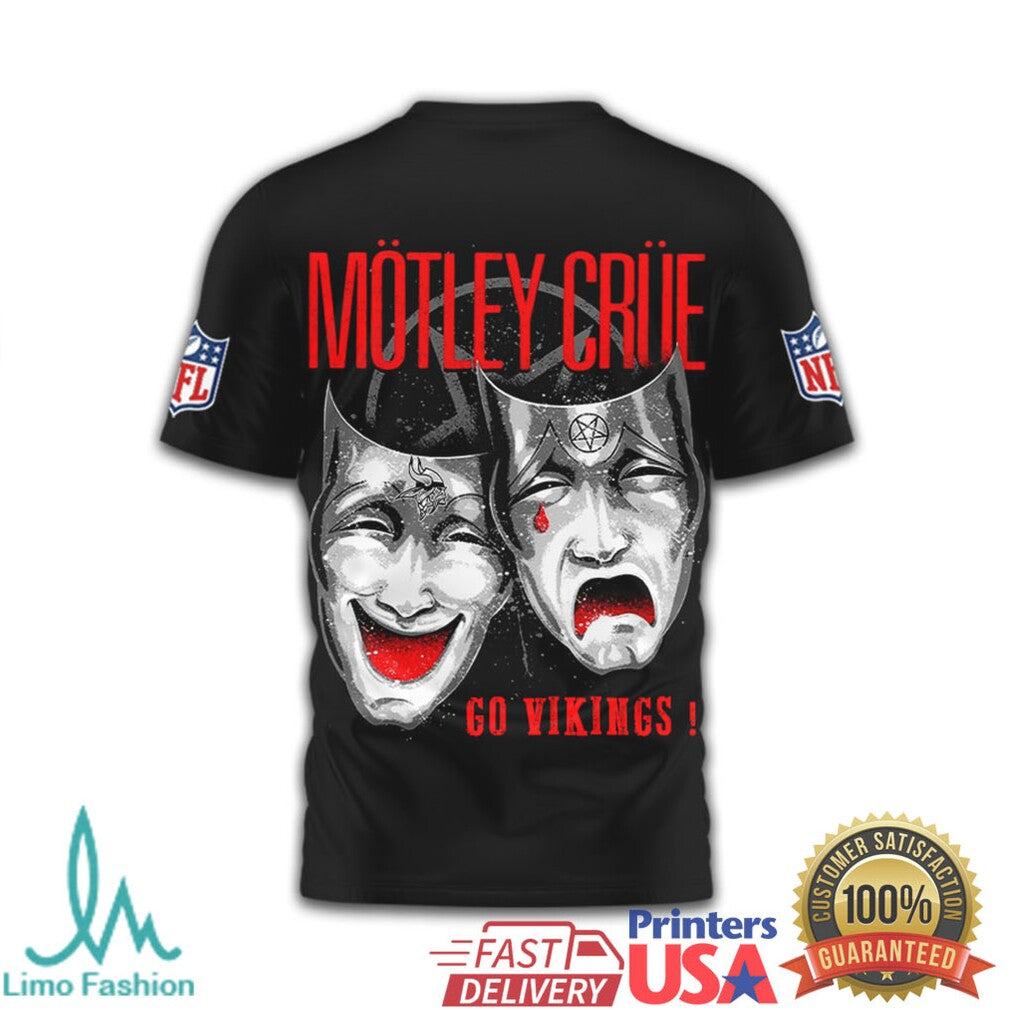 Mötley Crüe x Minnesota Vikings NFL Drama Masks Black T Shirt - Limotees LLC
