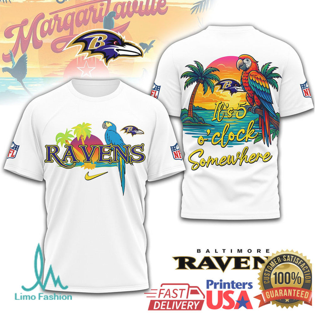 NFL Baltimore Ravens Margaritaville Tropical Parrot T Shirt It's 5 O'Clock Somewhere - Limotees LLC