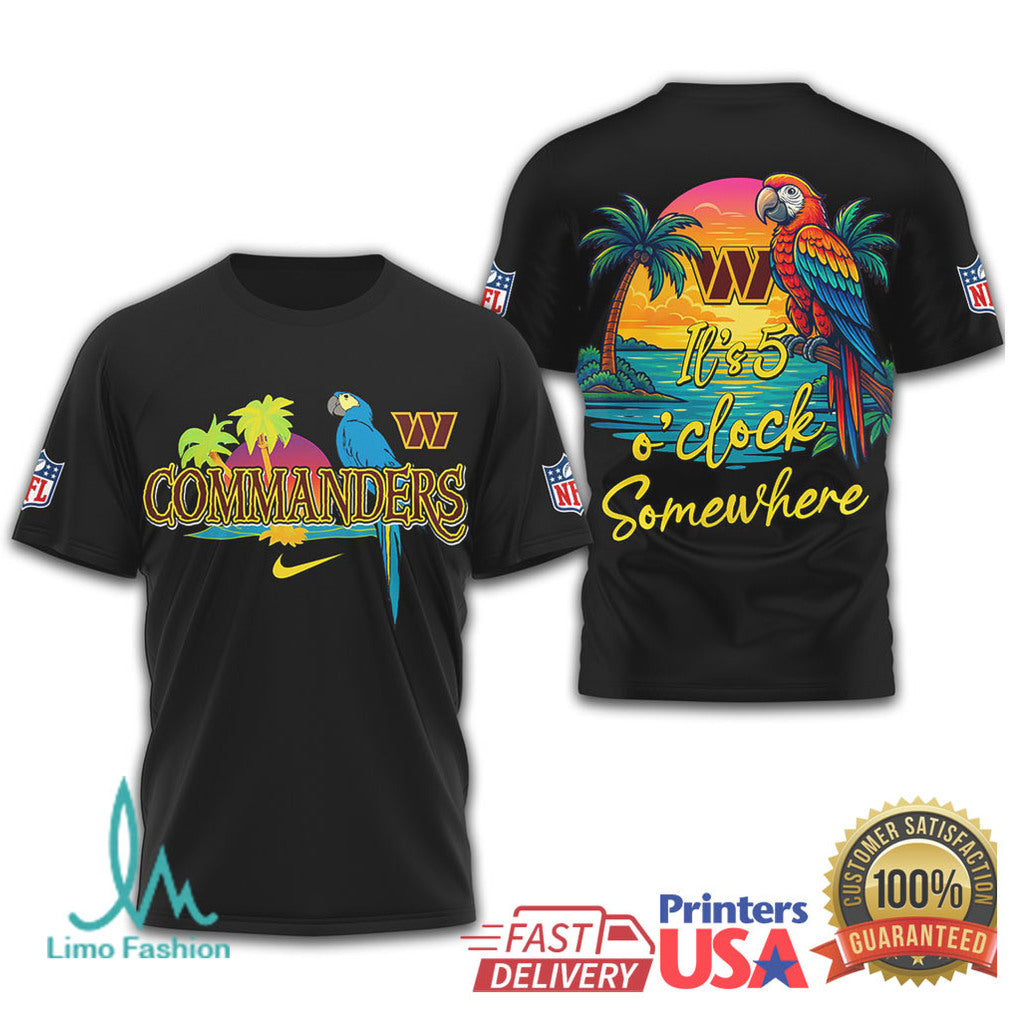 NFL Washington Commanders Margaritaville Tropical Parrot T Shirt It's 5 O'Clock Somewhere - Limotees LLC