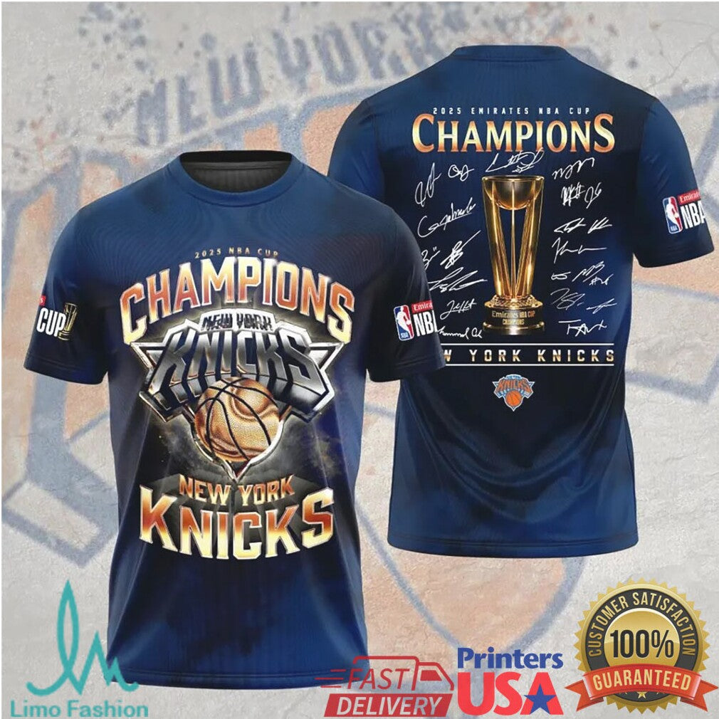 NY Knicks 2025 NBA Cup Champions Signature Series Navy Graphic T Shirt - Limotees LLC