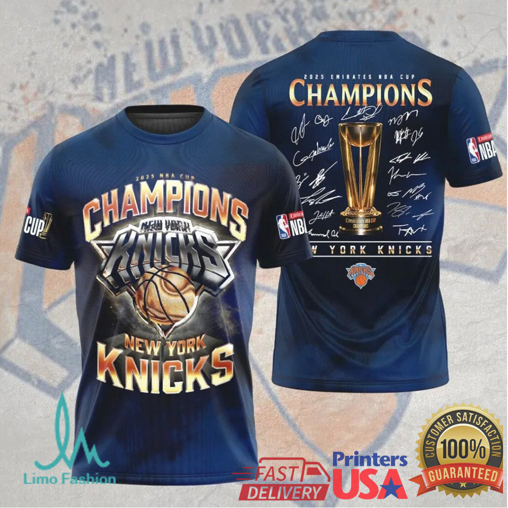 NY Knicks 2025 NBA Cup Champions Signature Series Navy Graphic T Shirt - Limotees LLC