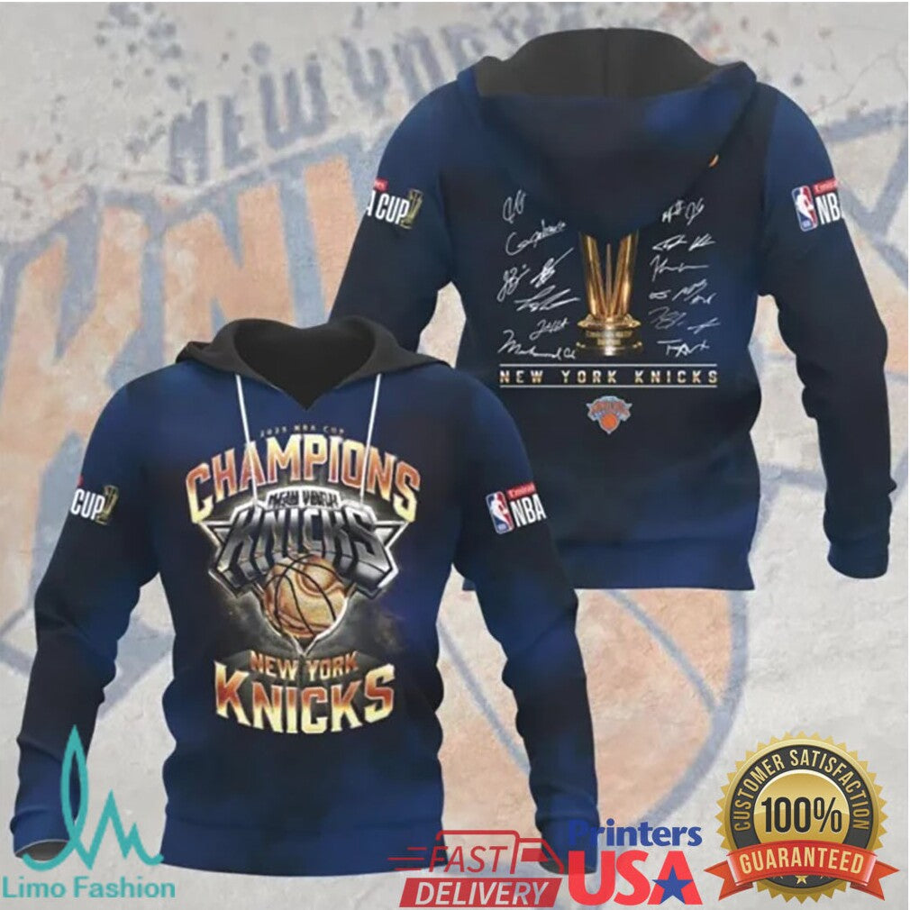 NY Knicks 2025 NBA Cup Champions Signature Series Navy Graphic T Shirt - Limotees LLC