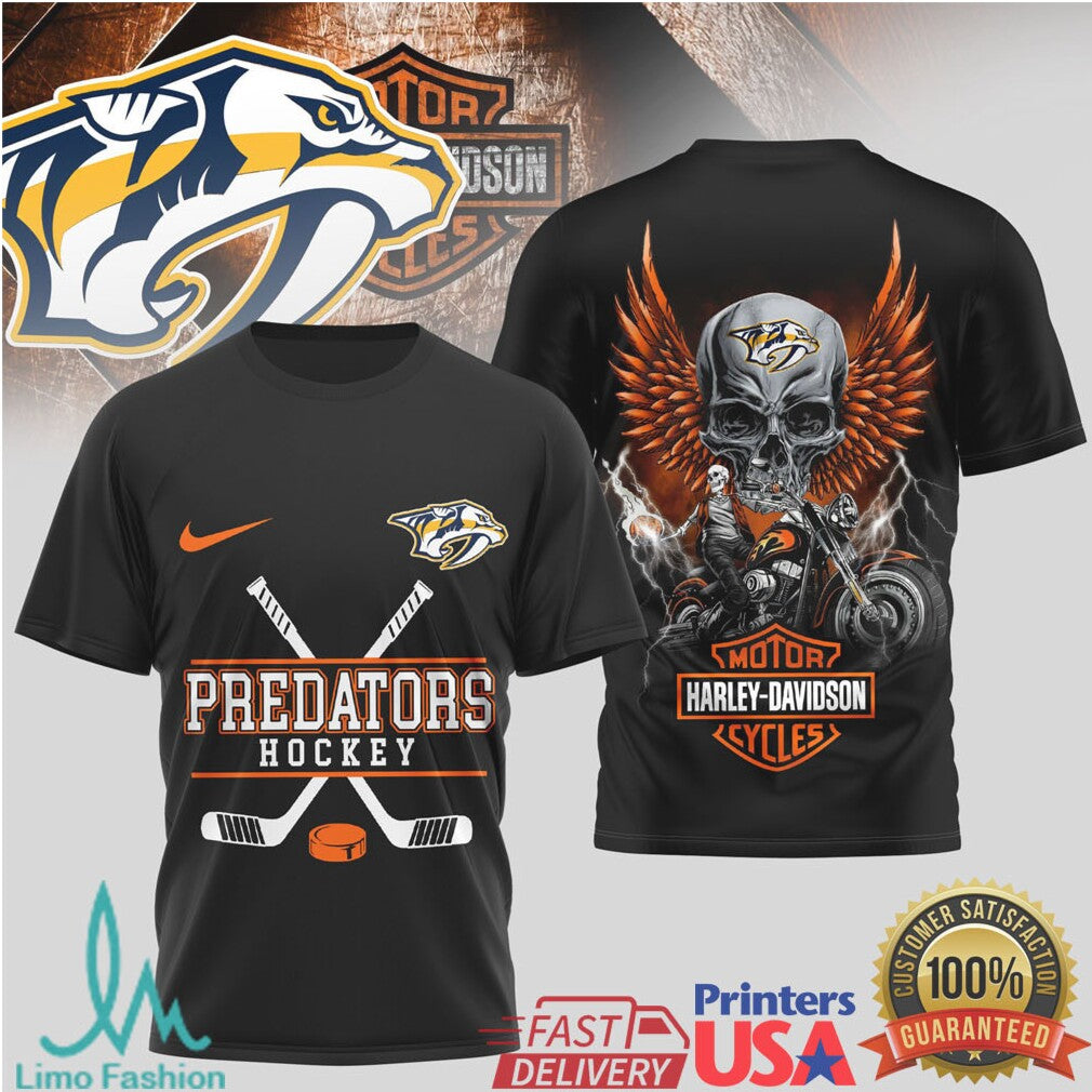 Nashville Predators Hockey x Harley Davidson Skull Wing Biker T Shirt - Limotees LLC