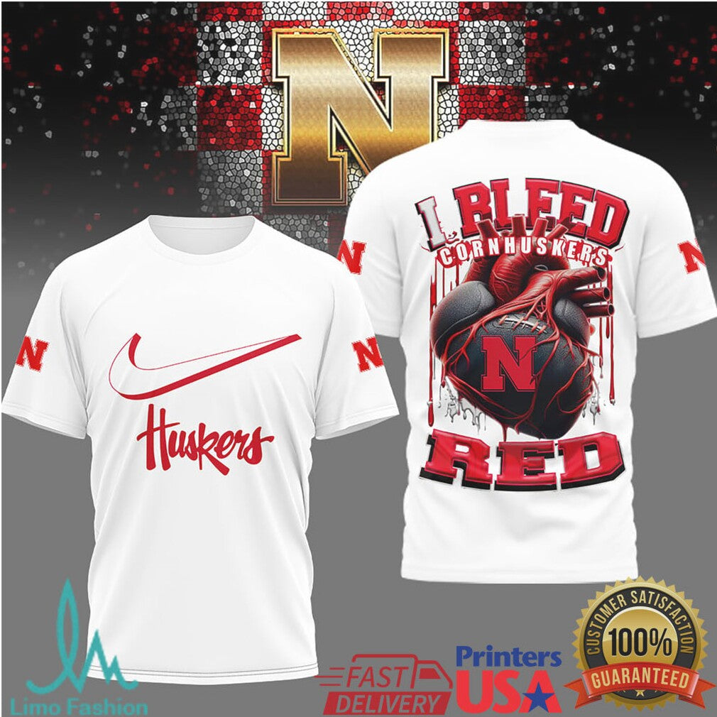 Nebraska Cornhuskers “I Bleed Red” Heart Football T Shirt - Limotees LLC