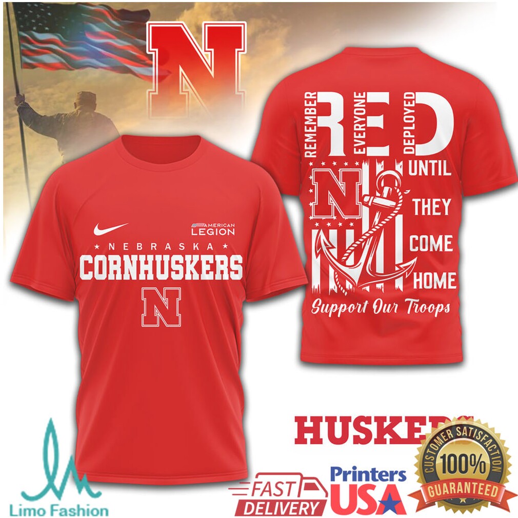 Nebraska Cornhuskers RED Remember Everyone Deployed Military Support T Shirt - Limotees LLC