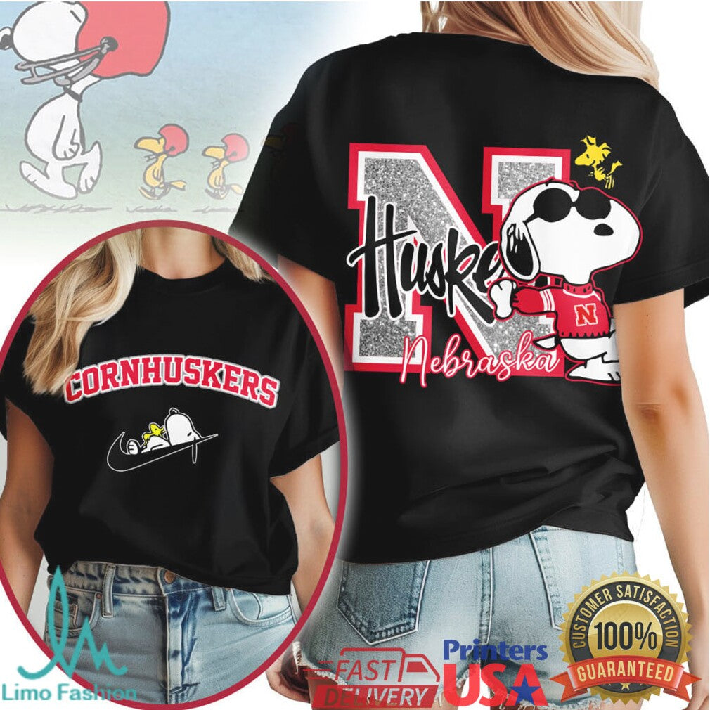 Nebraska Cornhuskers Snoopy Joe Cool Glitter Varsity T Shirt - Limotees LLC
