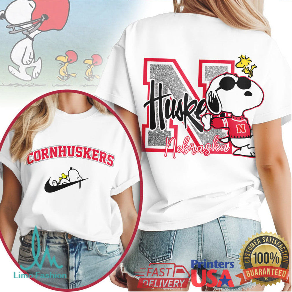 Nebraska Cornhuskers Snoopy Joe Cool Glitter Varsity T Shirt - Limotees LLC