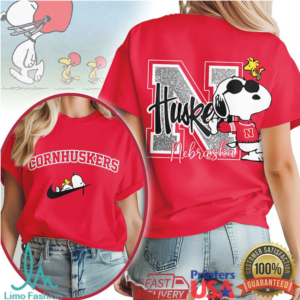 Nebraska Cornhuskers Snoopy Joe Cool Glitter Varsity T Shirt - Limotees LLC