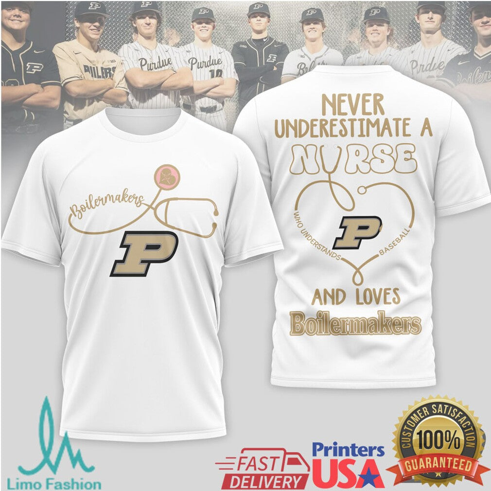 Never Underestimate A Nurse Who Loves Purdue Boilermakers Baseball T Shirt - Limotees LLC