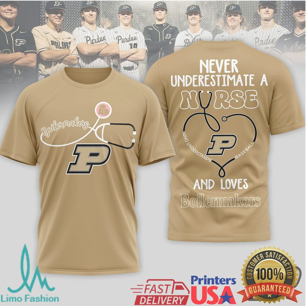 Never Underestimate A Nurse Who Loves Purdue Boilermakers Baseball T Shirt - Limotees LLC