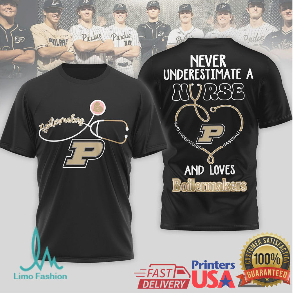 Never Underestimate A Nurse Who Loves Purdue Boilermakers Baseball T Shirt - Limotees LLC