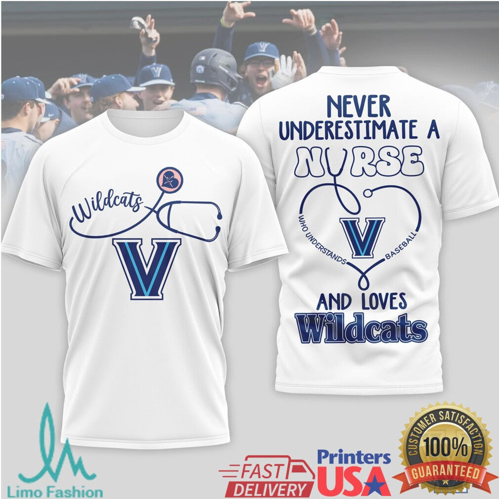 Never Underestimate A Nurse Who Loves Villanova Wildcats Baseball T Shirt - Limotees LLC
