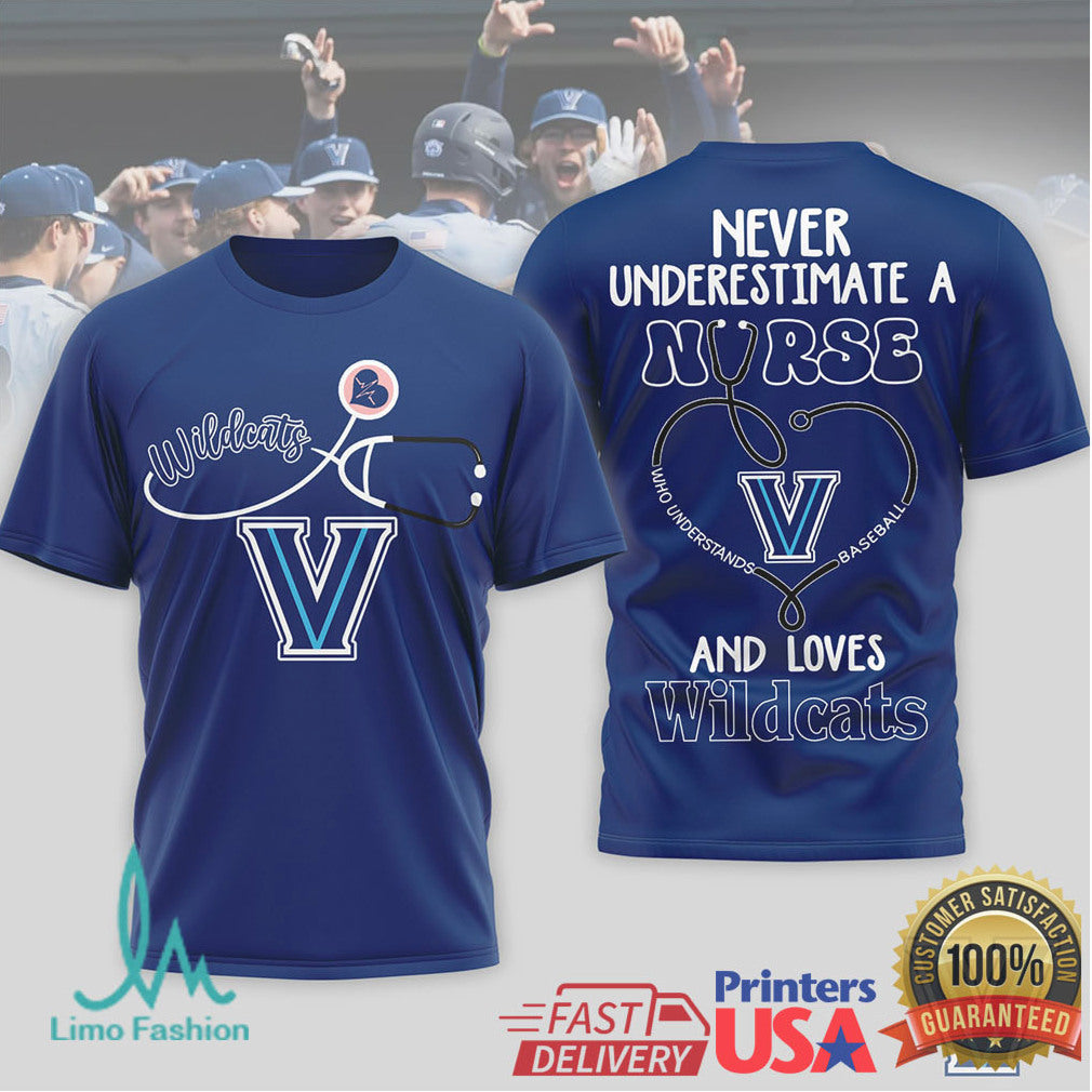 Never Underestimate A Nurse Who Loves Villanova Wildcats Baseball T Shirt - Limotees LLC