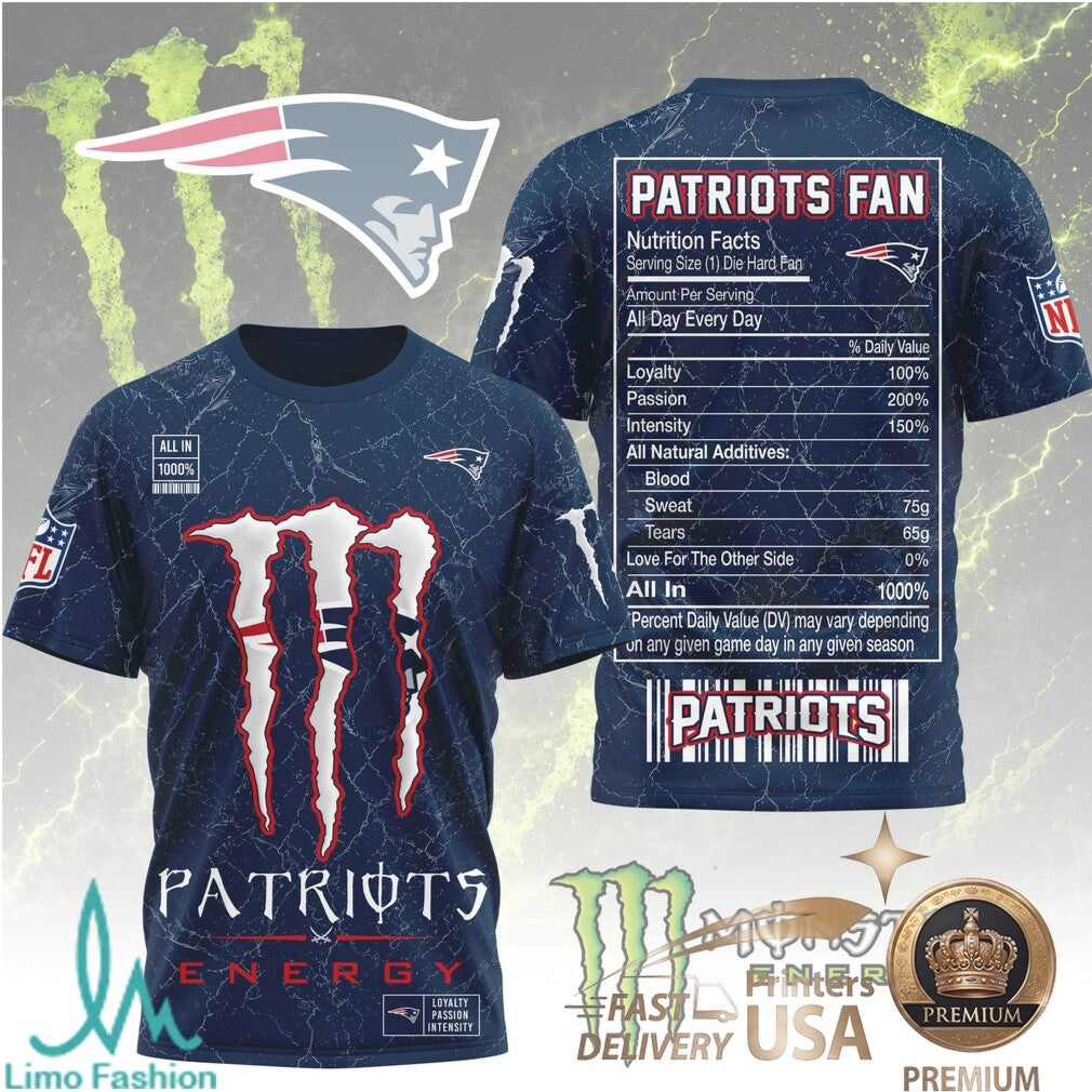 New England Football Fans Monster Energy Nutrition Facts Navy T Shirt