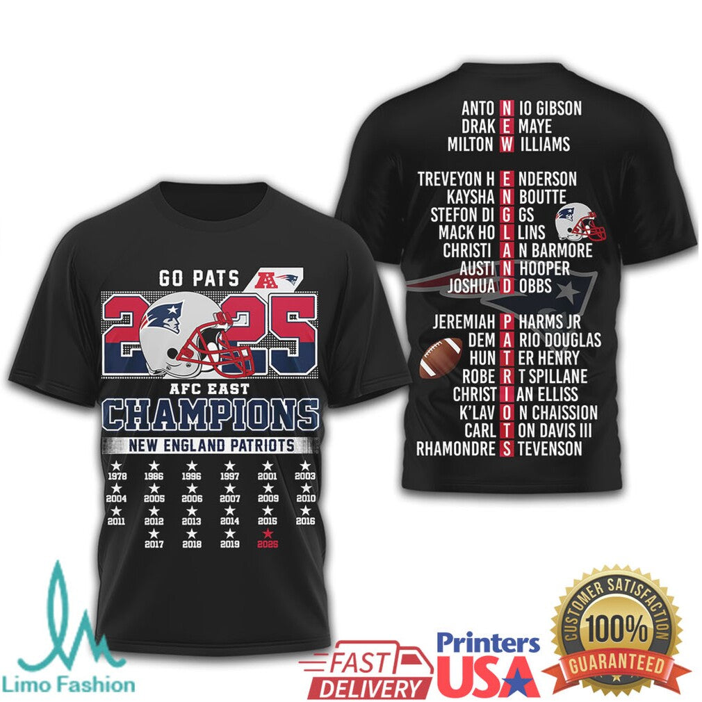 New England Patriots 2025 AFC East Champions Roster List T Shirt - Limotees LLC