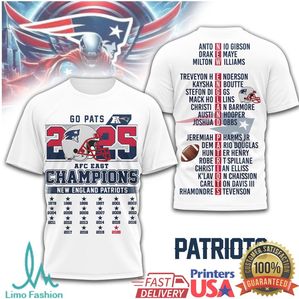 New England Patriots 2025 AFC East Champions Roster List T Shirt - Limotees LLC