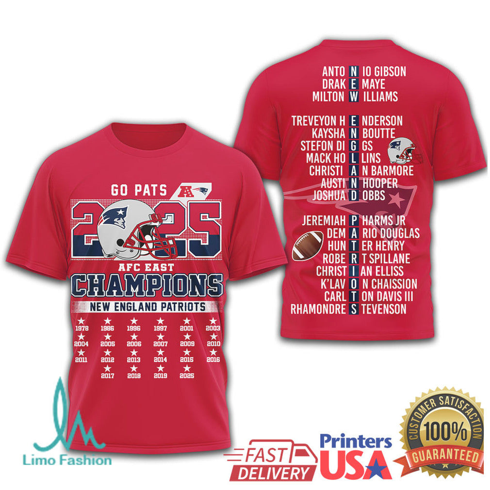 New England Patriots 2025 AFC East Champions Roster List T Shirt - Limotees LLC