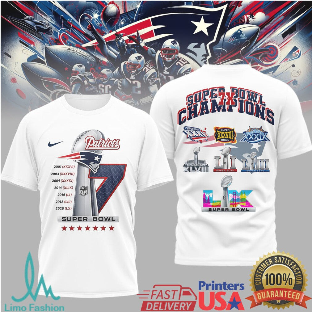 New England Patriots 7X Super Bowl Champions Trophy History T Shirt - Limotees LLC