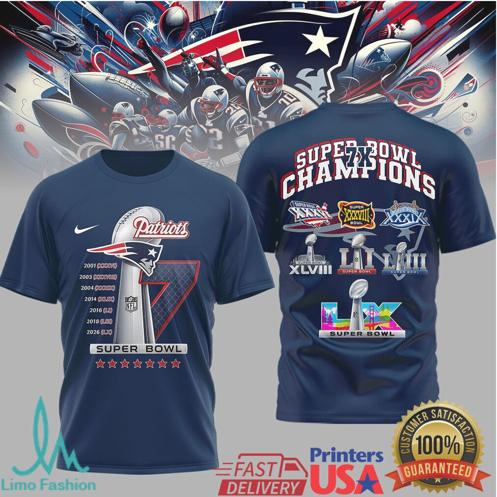 New England Patriots 7X Super Bowl Champions Trophy History T Shirt - Limotees LLC