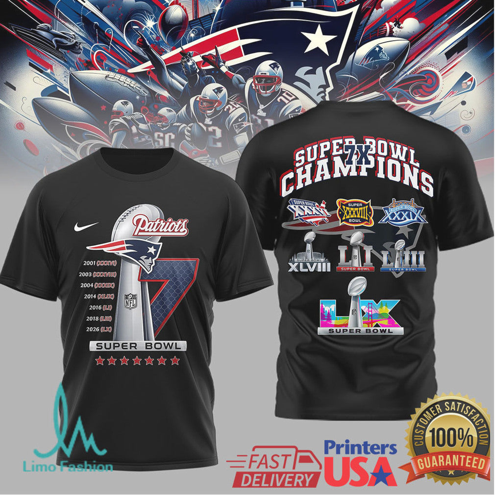 New England Patriots 7X Super Bowl Champions Trophy History T Shirt - Limotees LLC