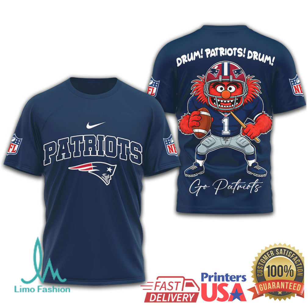 New England Patriots Animal Muppet Drum! Patriots! Drum! 3D T Shirt - Limotees LLC