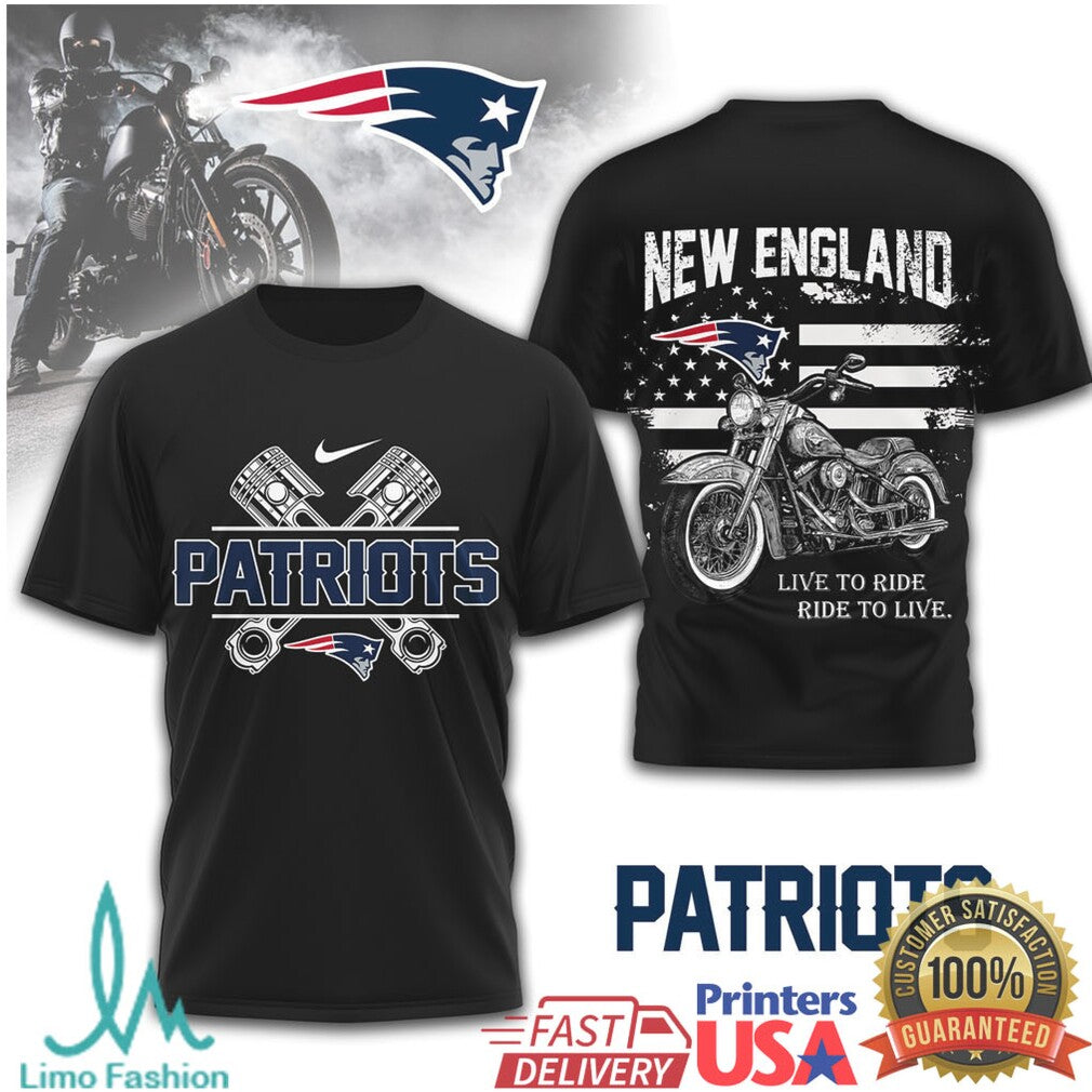 New England Patriots Biker T Shirt Live to Ride Motorcycle Design - Limotees LLC