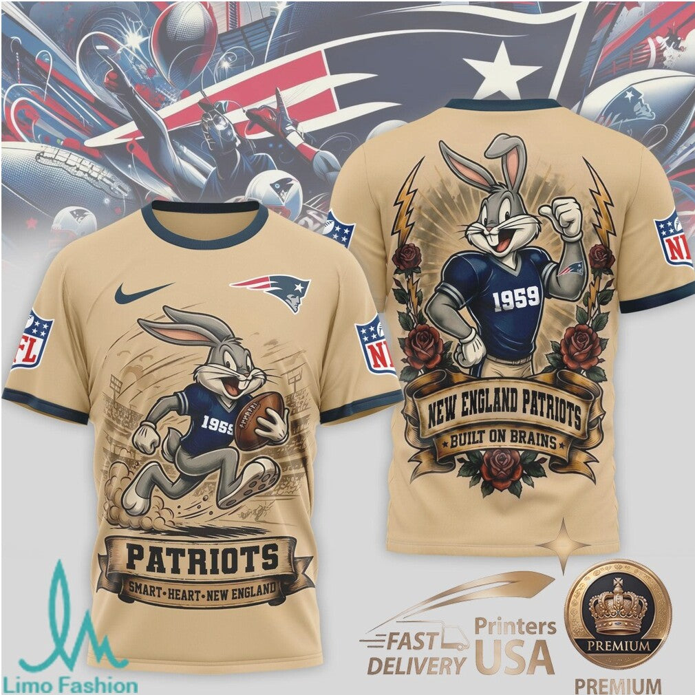 New England Patriots Bugs Bunny Smart Heart Built On Brains T Shirt - Limotees LLC