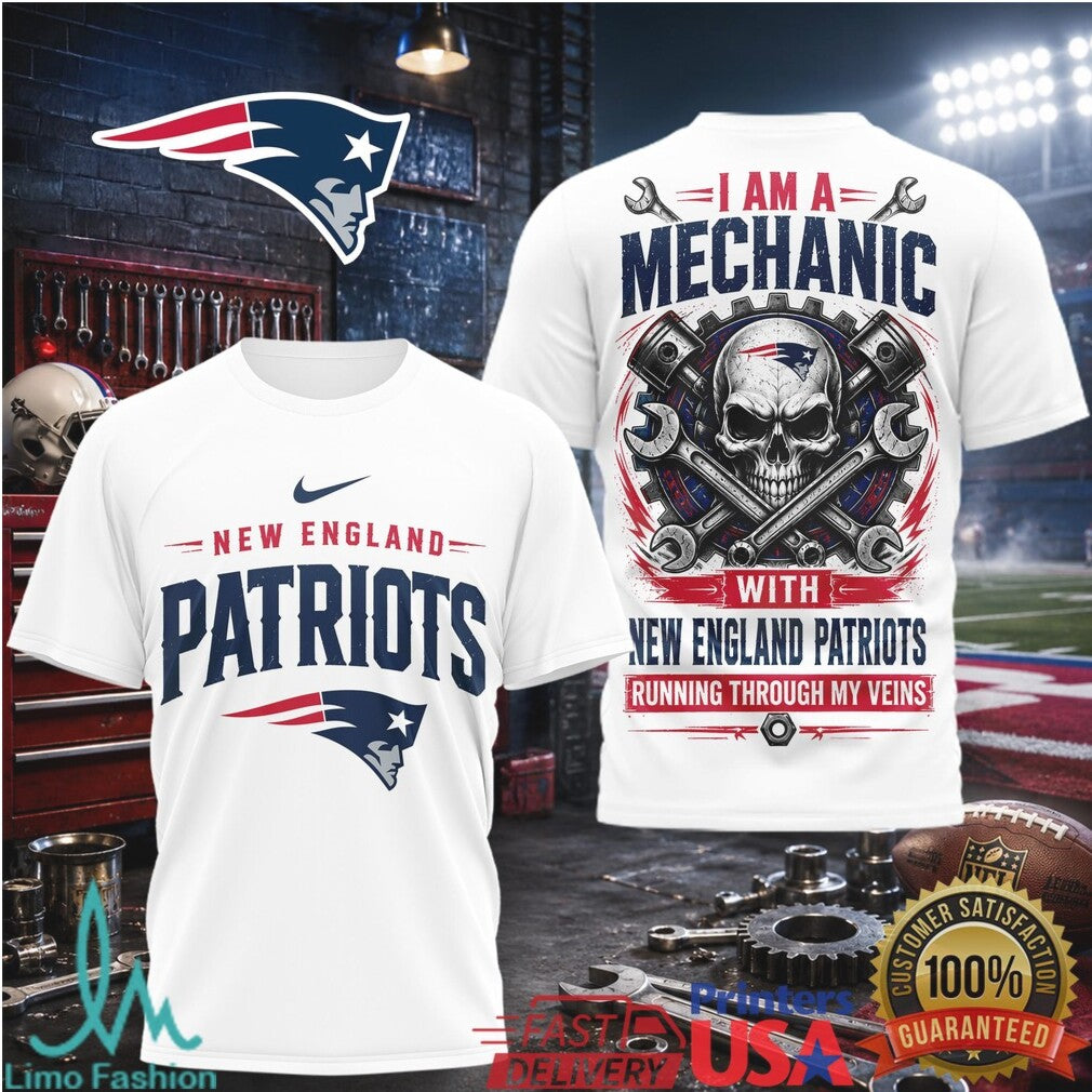 New England Patriots Mechanic Skull Pistons T Shirt - Limotees LLC