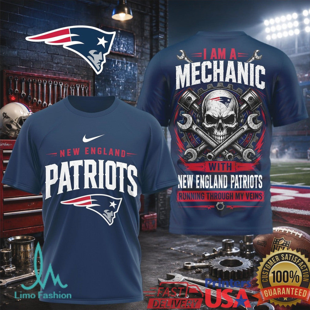 New England Patriots Mechanic Skull Pistons T Shirt - Limotees LLC