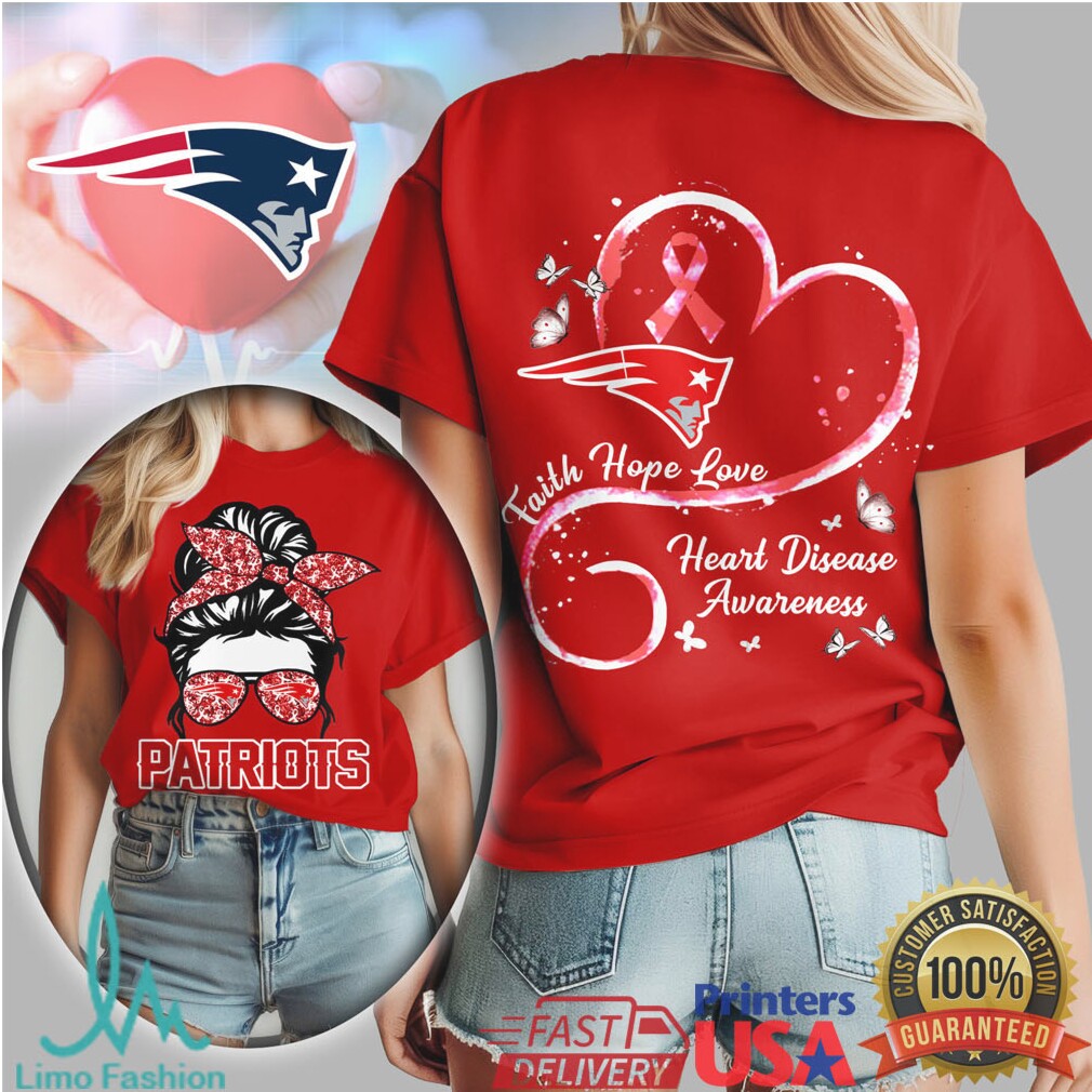 New England Patriots Messy Bun Heart Disease Awareness Faith Hope Love T Shirt - Limotees LLC