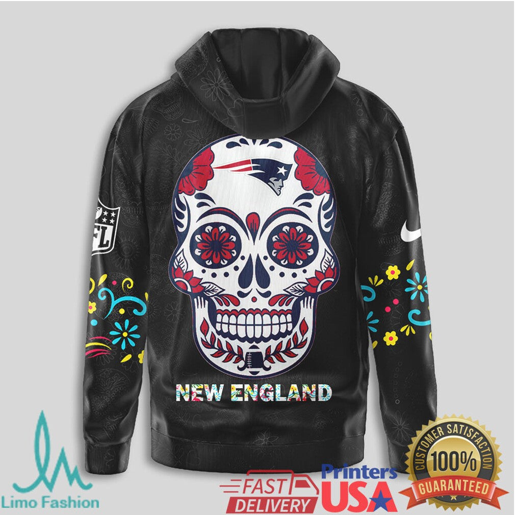 New England Patriots NFL Sugar Skull Day of the Dead Black T Shirt - Limotees LLC