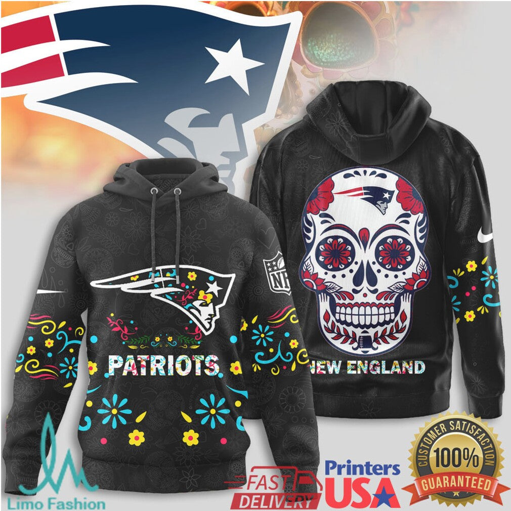 New England Patriots NFL Sugar Skull Day of the Dead Black T Shirt - Limotees LLC