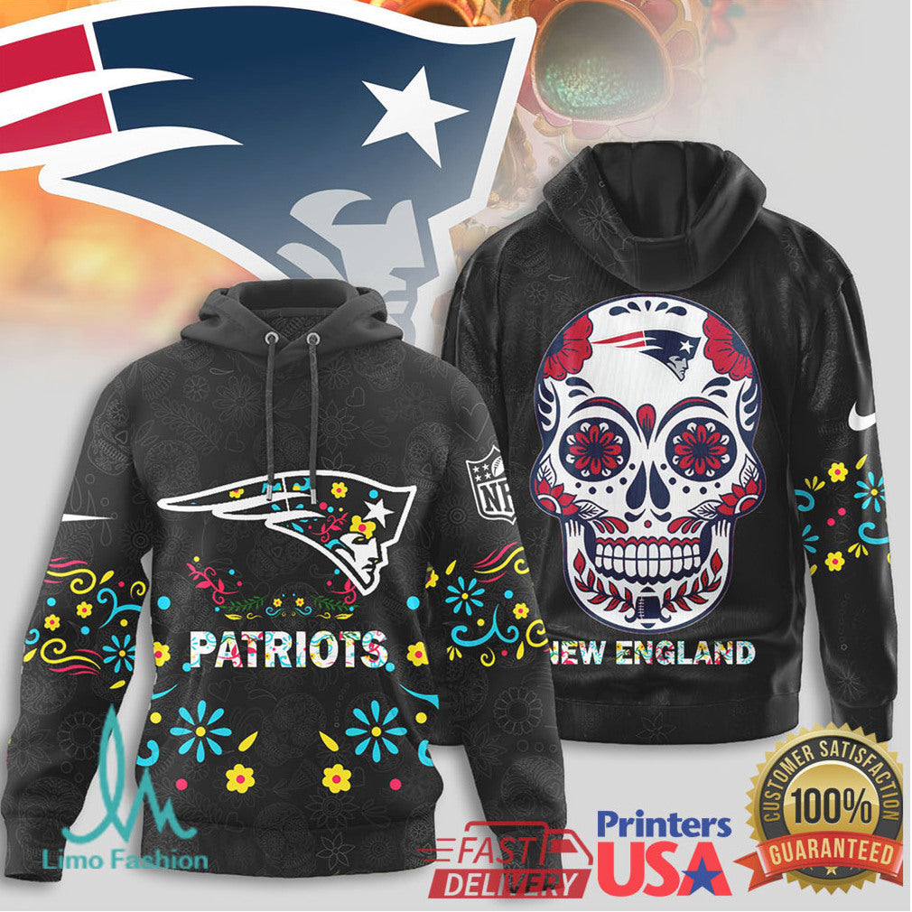New England Patriots NFL Sugar Skull Day of the Dead Black T Shirt - Limotees LLC