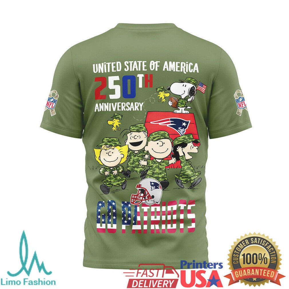 New England Patriots Snoopy 250th Anniversary USA Military Olive T Shirt