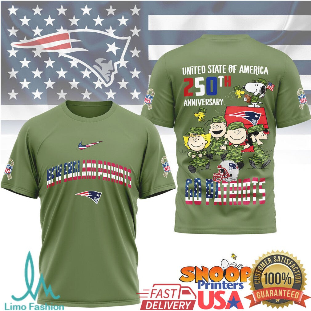 New England Patriots Snoopy 250th Anniversary USA Military Olive T Shirt