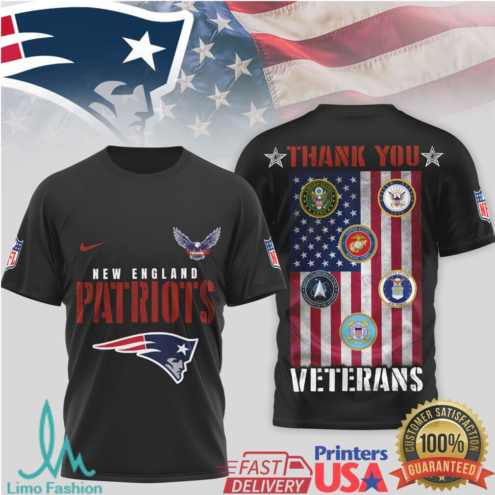 New England Patriots Thank You Veterans Military Appreciation Black T Shirt - Limotees LLC
