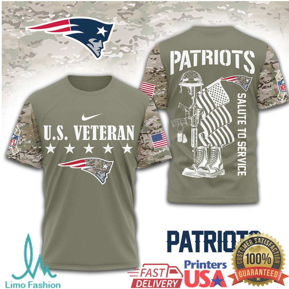 New England Patriots U.S. Veteran Salute to Service Military Olive T Shirt - Limotees LLC