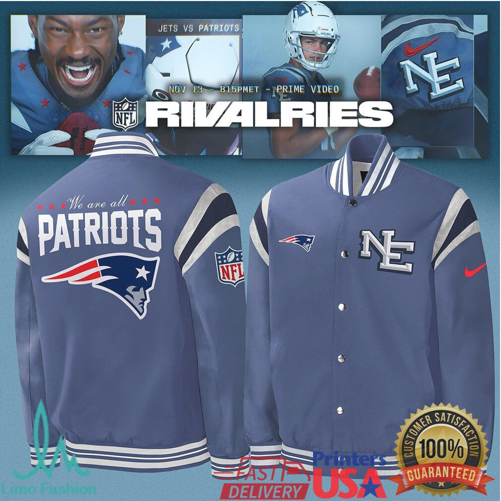 New England Patriots “We Are All Patriots” Varsity Bomber Jacket & Graphic Logo T Shirt - Limotees LLC