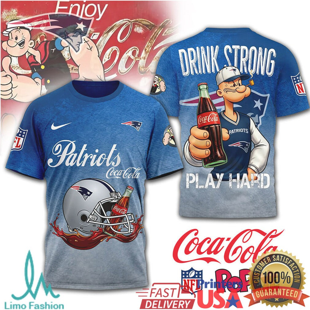 New England Patriots x Coca Cola Popeye “Drink Strong Play Hard” T Shirt - Limotees LLC