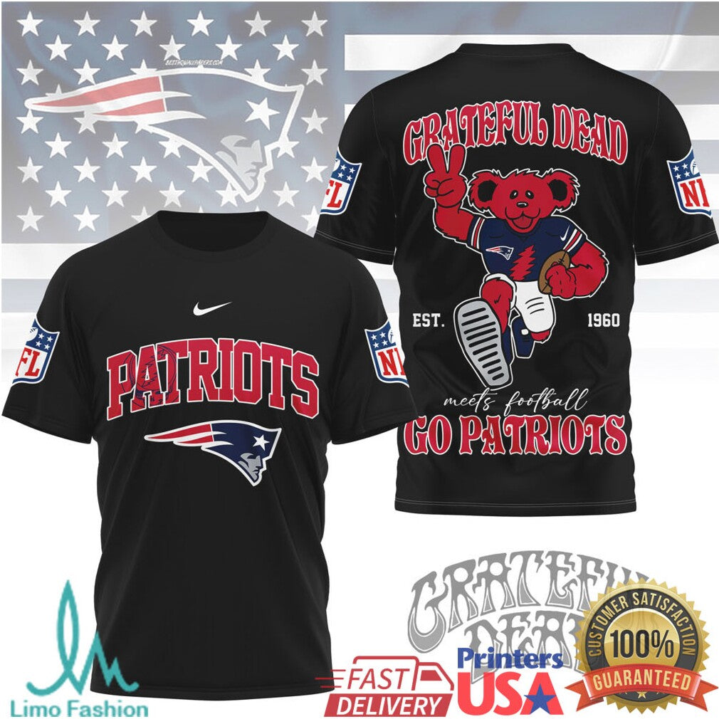 New England Patriots x Grateful Dead Dancing Bear NFL Football T Shirt - Limotees LLC