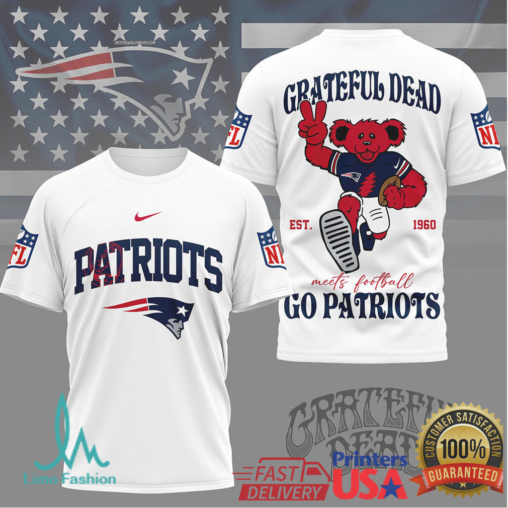 New England Patriots x Grateful Dead Dancing Bear NFL Football T Shirt - Limotees LLC