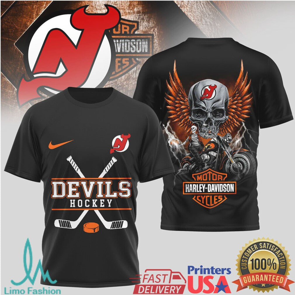 New Jersey Devils Hockey x Harley Davidson Skull Wing Biker T Shirt - Limotees LLC