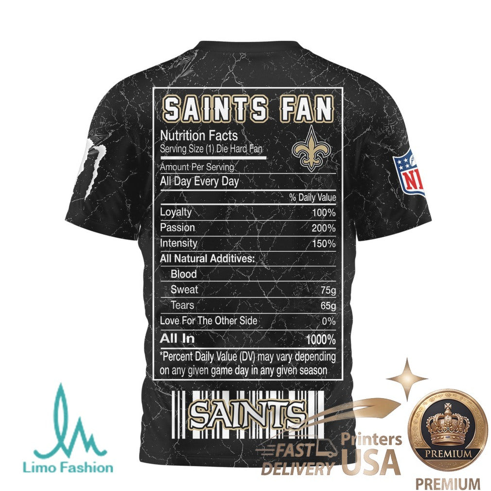 New Orleans Football Fans Monster Energy Nutrition Facts Black T Shirt - Limotees LLC