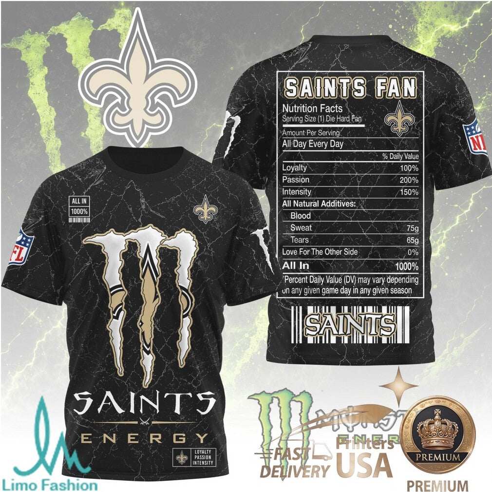 New Orleans Football Fans Monster Energy Nutrition Facts Black T Shirt - Limotees LLC