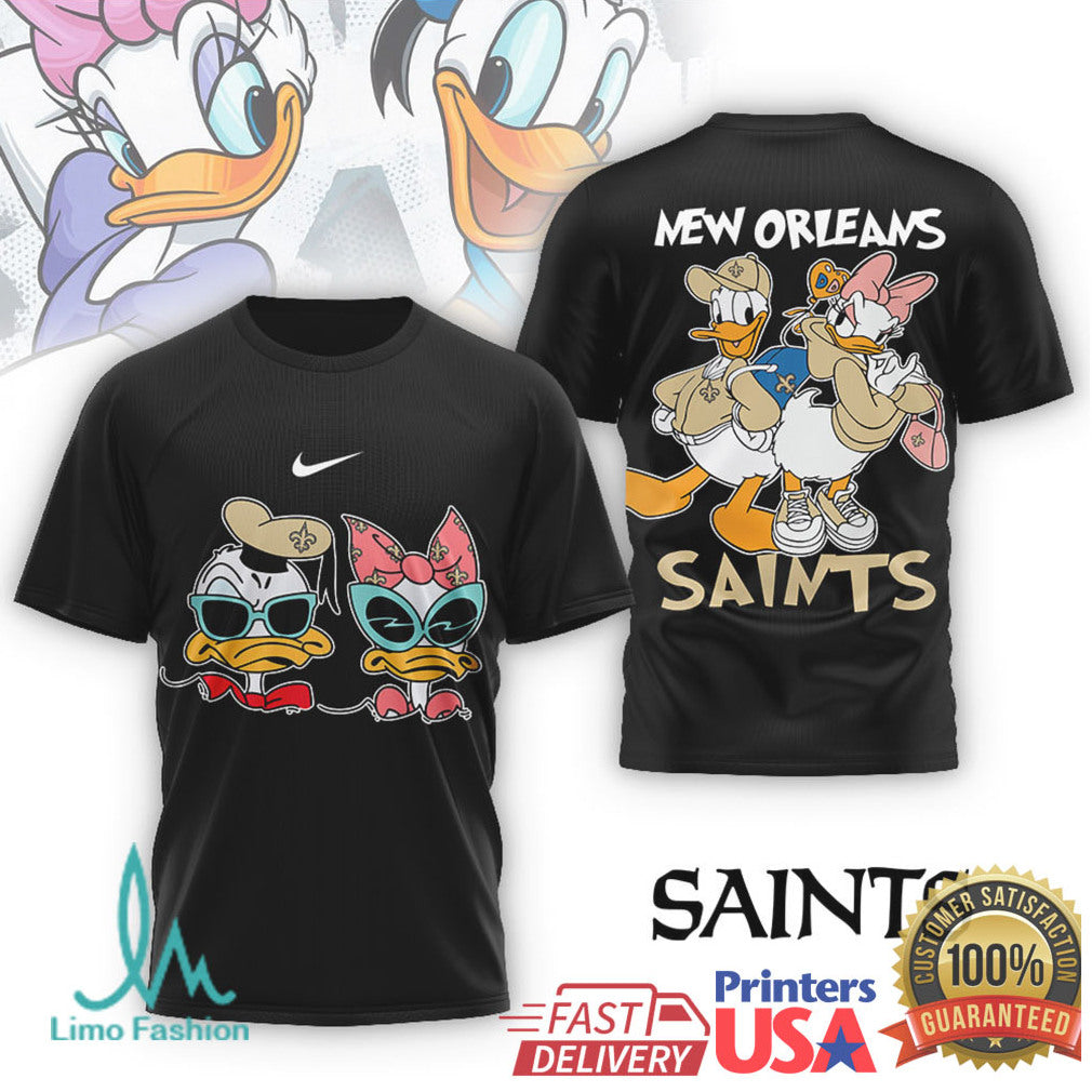 New Orleans Saints Donald & Daisy Duck Fan T Shirt Gold & Black Football Apparel - Limotees LLC