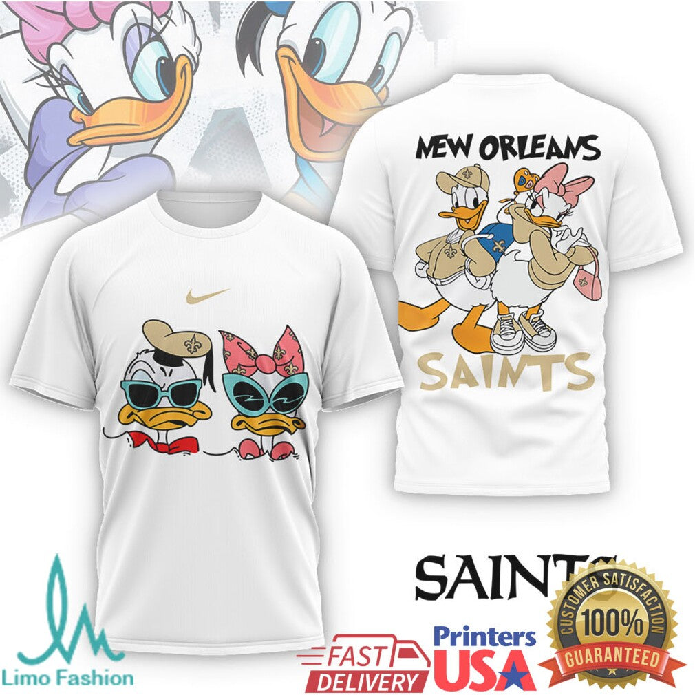 New Orleans Saints Donald & Daisy Duck Fan T Shirt Gold & Black Football Apparel - Limotees LLC