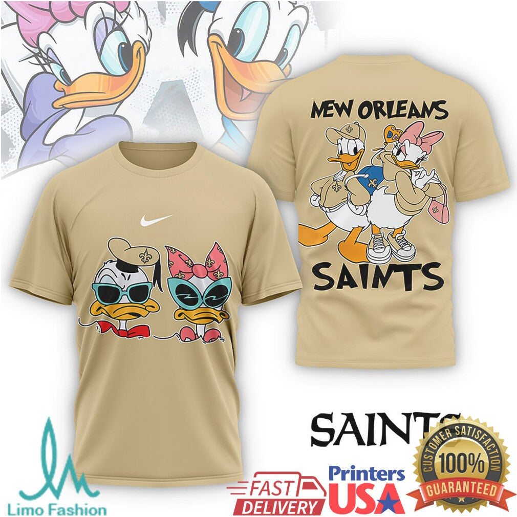 New Orleans Saints Donald & Daisy Duck Fan T Shirt Gold & Black Football Apparel - Limotees LLC